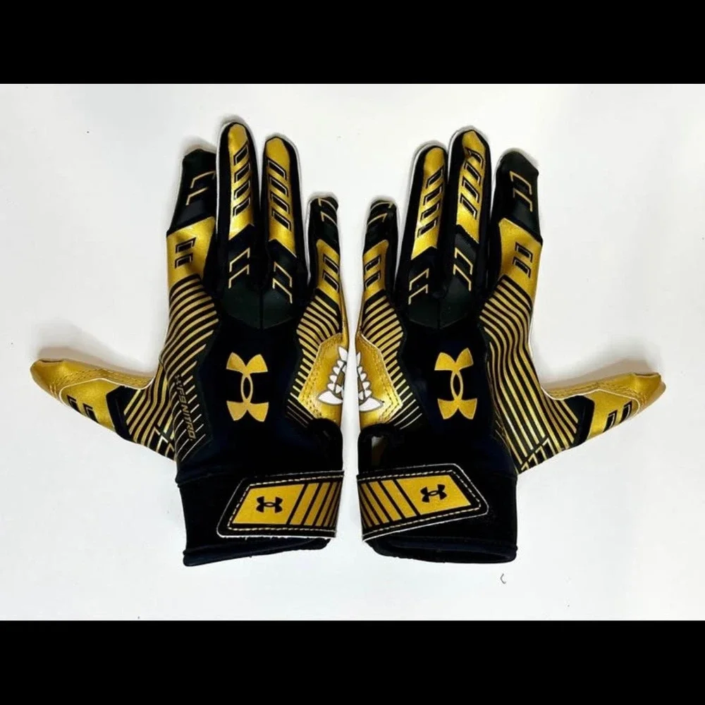 Under Armour F6 Nitro Youth Football Gloves Gold Black Size YL Large HeatGear